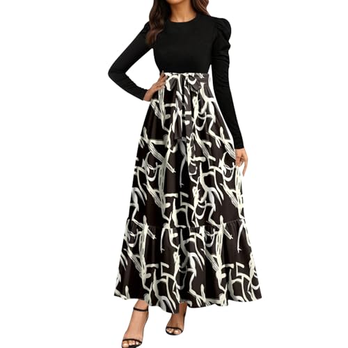 Herbstkleid Damen Elegant Langarm Abendkleider Rundhals Maxikleid A-Linie Boho Blumenkleid Casual Tunika Kleid Hohe Taille Wickelkleid Freizeitkleid Elastischem Bund Schwarz-c L von Generisch