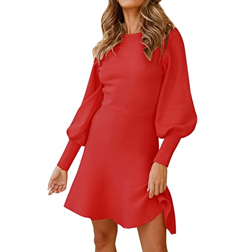 Herbstkleid Damen Knielang - Strickkleid Damen Winter Rollkragen Minikleid Puff Ärmel Strickkleider für Damen, Winterkleid Hohe Elastizität Pulloverkleid Damen Herbst Winter Knitted Dress S-XXL von Generisch