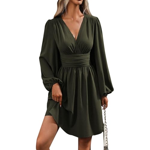 Herbstkleid Damen Kurz Elegant V-Ausschnitt Wickelkleid Laternenärmeln Abendkleider Langarm Cocktailkleid Hohe Taille Festlich Kleider A-Linie Freizeitkleider Armeegrün XL Herbstkleid Damen Kurz Elegant V-Ausschnitt Wickelkleid Laternenärmeln Abendkleider Langarm Cocktailkleid Hohe Taille Festlich Kleider A-Linie Freizeitkleider Armeegrün XL von Generisch