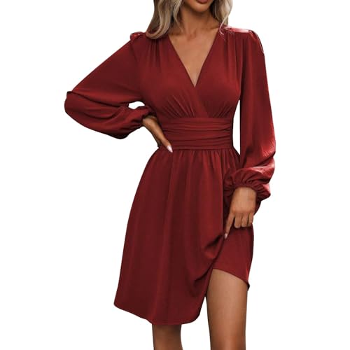 Herbstkleid Damen Kurz Elegant V-Ausschnitt Wickelkleid Laternenärmeln Abendkleider Langarm Partykleid Hohe Taille Festlich Kleider A-Linie Freizeitkleider Weinrot S von Generisch