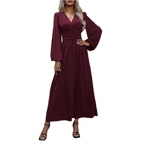 Herbstkleid Damen Lang Elegant V-Ausschnitt Wickelkleid Laternenärmeln Abendkleider Langarm Tunika Kleid Hohe Taille Festlich Maxikleider A-Linie Freizeitkleider Dunkelviolett M von Generisch