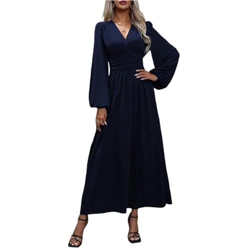 Herbstkleid Damen Lang Elegant V-Ausschnitt Wickelkleid Laternenärmeln Abendkleider Langarm Tunika Kleid Hohe Taille Festlich Maxikleider A-Linie Freizeitkleider Marineblau XL Herbstkleid Damen Lang Elegant V-Ausschnitt Wickelkleid Laternenärmeln Abendkleider Langarm Tunika Kleid Hohe Taille Festlich Maxikleider A-Linie Freizeitkleider Marineblau XL von Generisch