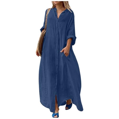 Herbstkleid Damen Lang Große Größen Elegant Frühlingskleid Damen Langarm mit Knopfleiste Maxi Kleider Baumwolle Leinen Hemdkleid Frauen mit Taschen üBergröße Maxikleid Kleid Frühlings Locker von Generisch