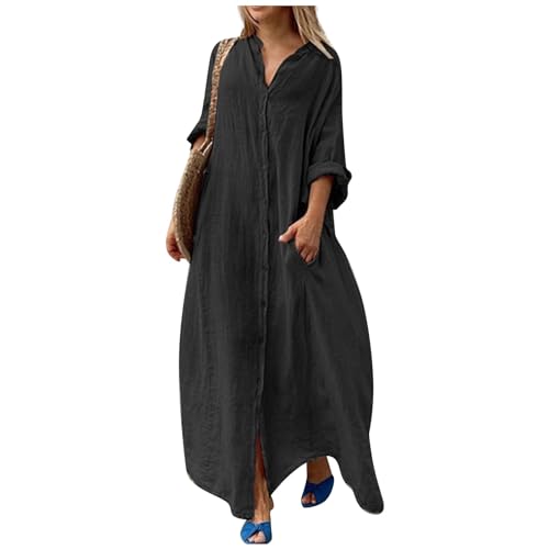 Herbstkleid Damen Lang Große Größen Elegant Frühlingskleid Damen Langarm mit Knopfleiste Maxi Kleider Baumwolle Leinen Hemdkleid Frauen mit Taschen üBergröße Maxikleid Kleid Frühlings Locker von Generisch