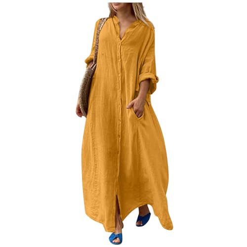 Herbstkleid Damen Lang Große Größen Elegant Frühlingskleid Damen Langarm mit Knopfleiste Maxi Kleider Baumwolle Leinen Hemdkleid Frauen mit Taschen üBergröße Maxikleid Kleid Frühlings Locker von Generisch