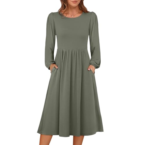 Herbstkleider Damen Knielang Langarm Rundhals Freizeitkleider Elegant Tunika Kleid A-Linie Herbst Midikleid Mit Taschen Loose Swing Plisseekleid Schwingen Damenkleider 1#Armeegrün XXL von Generisch