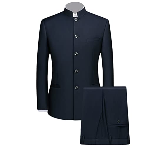 Herren 2 Teiliger chinesischer Tunika Anzug Schlankes Blazer Set mit Stehkragen Knopf Jacken Hosen Sets Traditionelles Uniform Bräutigam Kleid (L,Dunkelblau) von Generisch