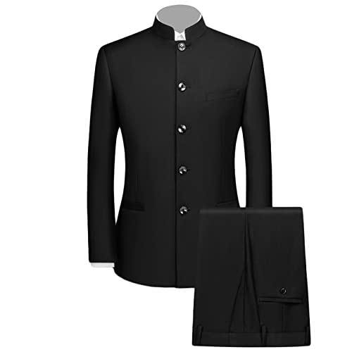 Herren 2 Teiliger chinesischer Tunika Anzug Schlankes Blazer Set mit Stehkragen Knopf Jacken Hosen Sets Traditionelles Uniform Bräutigam Kleid (L,Schwarz) von Generisch