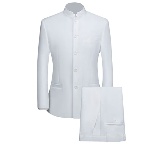 Herren 2 Teiliger chinesischer Tunika Anzug Schlankes Blazer Set mit Stehkragen Knopf Jacken Hosen Sets Traditionelles Uniform Bräutigam Kleid (L,Weiß) von Generisch