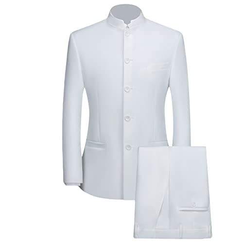 Herren 2 Teiliger chinesischer Tunika Anzug Schlankes Blazer Set mit Stehkragen Knopf Jacken Hosen Sets Traditionelles Uniform Bräutigam Kleid (S,Weiß) von Generisch