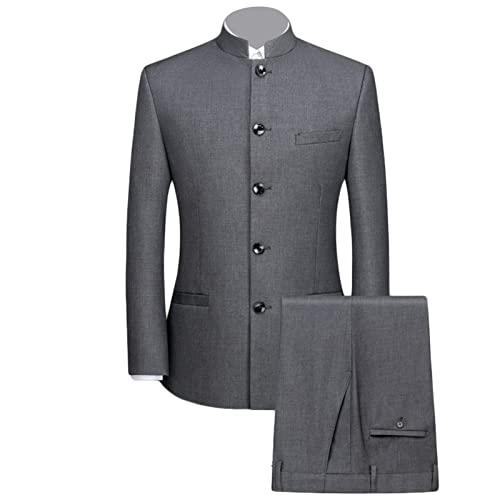 Herren 2 Teiliger chinesischer Tunika Anzug Schlankes Blazer Set mit Stehkragen Knopf Jacken Hosen Sets Traditionelles Uniform Bräutigam Kleid (XL,Dunkelgrau) von Generisch