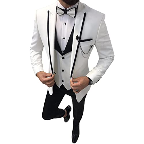 Herren 3 Teiliger, Stilvoller Anzug mit Schmaler Passform Solide Revers EIN Knopf Abschlussball Blazer Sets Casual Party Hochzeit Jacke Weste Hosen Set (Weiß,M) von Generisch