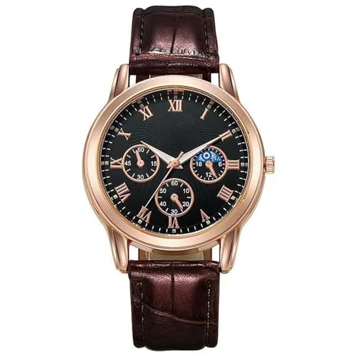 Herren Analog Quarz Uhr mit Echtes Armband Herrenuhr, Quarzwerk, Uhr mit DREI Augen, Stern Mond, lässiger Gürtel, Herrenuhr als Geschenk für den Alltag Kinder Armbanduhr Jungen (Brown, One Size) von Generisch