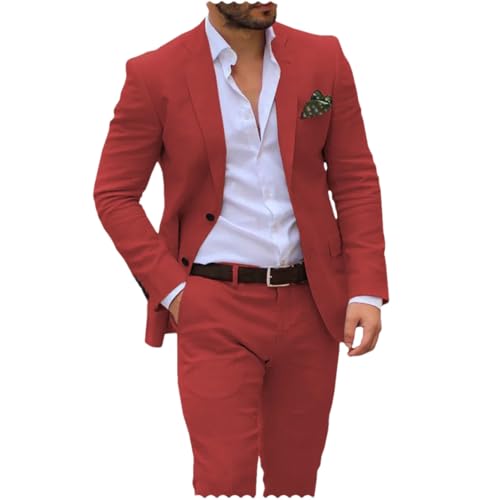Herren-Anzüge aus Leinen, Hochzeit, 2-teilig, Business-Bräutigam, Blazer, Hose, Smoking, Trauzeugen, formelle Kleidung, Rot1, L von Generisch