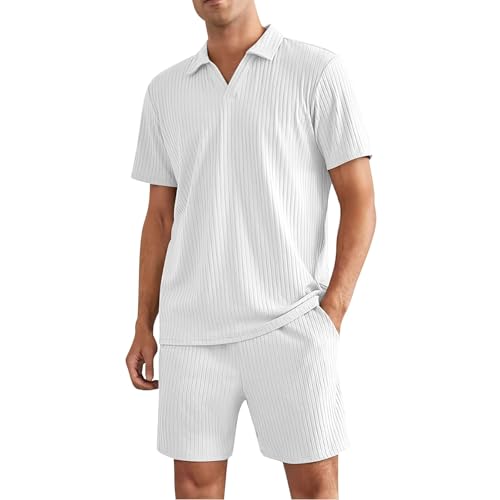 Herren Anzüge in Übergröße Herren Casual Fashion Solid Color Loose Trend Kurzarmhemd und Shorts Set Hoodie Herren Set (White, XL) von Generisch