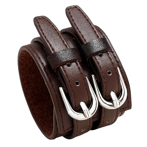 Herren Armband,2 Lagiger Breiter Gürtel Leder Herren Armbänder Schwarz Armband Unisex Paar Gothic Rock Biker Verstellbare Armbänder Riemen Schwarz Wickelarmband Armreif Schmuck Geschenk Braun von Generisch