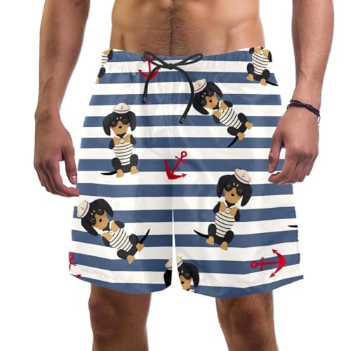 Herren-Badehose mit Taschen, schnell trocknend, Sommer-Strand-Shorts, 3D-Druck, niedlicher Dackel, Welpe, roter Anker, blau, gestreift, Boardshorts, lässige Surfshorts, mehrfarbig, Verschiedene Größen von Generisch