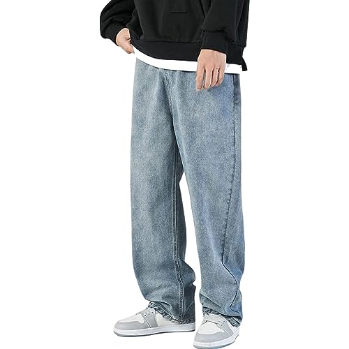 Herren Baggy Fit Jeans Mit Knopfleiste Jeanshose Jeans Herren High Waist Baggy Cargo Streetwear Loose Denim Pants Hose Mit Weitem Bein Lässig Männer Straight Leg, Farbe:Schwarz Blau, Hosengröße von Generisch