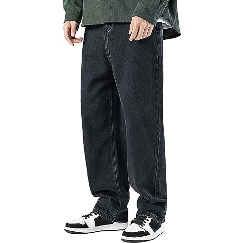 Herren Baggy Fit Jeans Mit Knopfleiste Jeanshose Jeans Herren High Waist Baggy Cargo Streetwear Loose Denim Pants Hose Mit Weitem Bein Lässig Männer Straight Leg, Farbe:Schwarz Blau, Hosengröße von Generisch