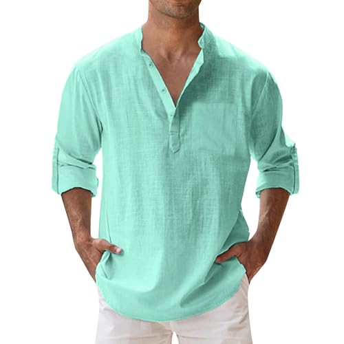 Herren Baumwolle Leinenhemd Herren Sommer Strand Hemd Freizeithemd Men's Casual Henley Shirts Langarm Longshirt Stehkragen Blusenshirt Einfarbig Weich Oberteile Green XXXL von Generisch