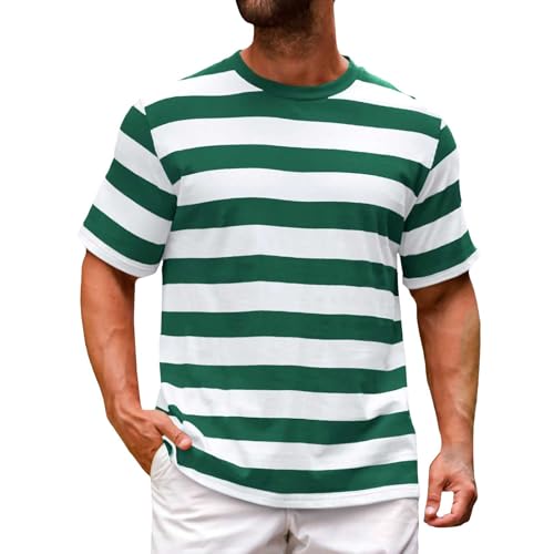 Herren Breit Gestreifte Baumwolle Kurzarm T-Shirts Rundhalsausschnitt Basic Casual Top,Oversized Tshirt Herren S-3XL von Generisch