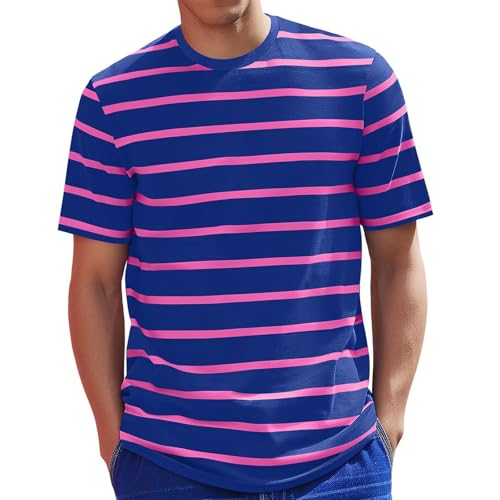 Herren Breit Gestreifte Baumwolle Kurzarm T-Shirts Rundhalsausschnitt Basic Casual Top,Oversized Tshirt Herren S-3XL von Generisch