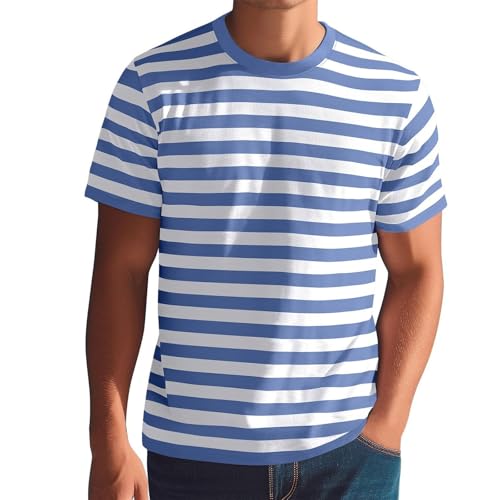 Herren Breit Gestreifte Baumwolle Kurzarm T-Shirts Rundhalsausschnitt Basic Casual Top,Oversized Tshirt Herren S-3XL von Generisch