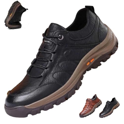 Herren Casual Leder Handgemachte rutschfeste Fußgewölbeunterstützung Loafers Männer Wanderschuhe Bequeme Wanderschuhe Sneakers, Schwarz , 47 EU von Generisch