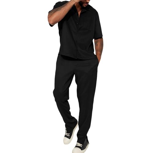 Herren Casual Sets 2-Teilige Outfit Set Freizeitanzug aus Baumwolle Button Down Revers T-shirt und Leinenhose Dünnes Bequeme Leinenanzug Sommer Sportanzug Hausanzug Loungewear von Generisch