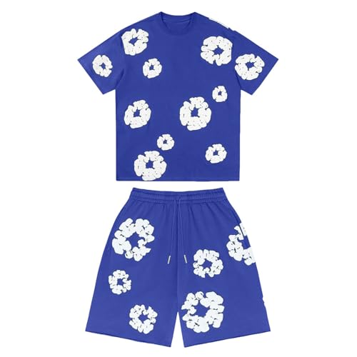 Herren Damen T-Shirt und Shorts Set Unisex Tracksuit Sommer Outfit Damen Trainingsanzug Baumwolle Jogginganzug Herren T Shirt und Kurze Hose 2-Teilig Set Sportanzug mit Blumen (Blue, L) von Generisch