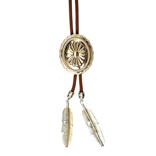Herren Damen Vintage Bolotie Metall Blume Schmuck geflochten Leder Seil Krawatte Western Halskette mit Federn, Length 100cm, Metall von Generisch