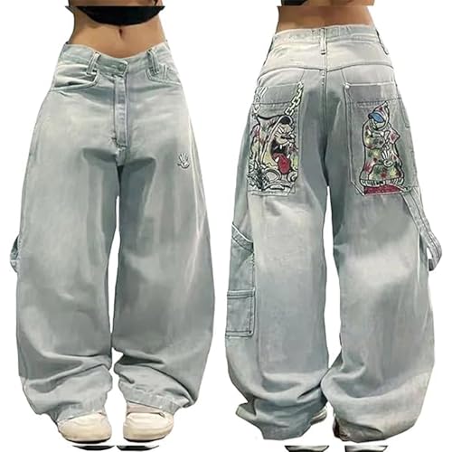 Herren Damen Y2K Street Hip Hop Jeans Hohe Taille Baggy Skull Gothic Print Denim Hose Lose Weite neutral Jeans Unisex Streetwear Freizeithose von Generisch