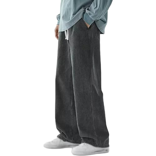 Herren Denim Hose Regular Fit Straight Leg Baggy Jeans Hip Hop Loose Fit Carpenter Denim Jeans Stilvolle Jogger Streetwear mit Kordelzug, grau, M von Generisch