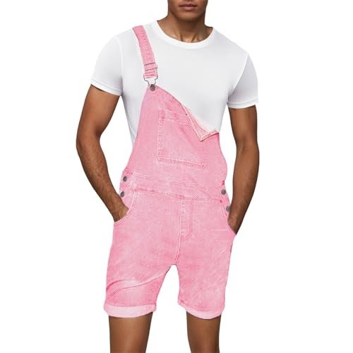 Herren Denim Kurze Latzhose Jumpsuit mit verstellbarem Riemen Multi-Tasche 2025 Casual Jeans Bequem Klassisch Vintage Business Kleider Hosenträger Breite Hose Mode, Rosa, S von Generisch