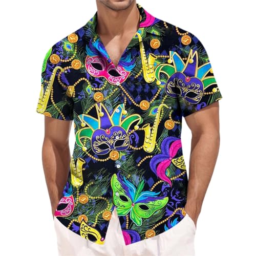 Herren Fasching Hemd 3D Bedruckte Lustige Maske Muster Freizeithemden Funky Revers Button Down Party Hemd Karneval 70er Disco Party Kurzarm Herrenhemden Mit Digitaldruck (02Multicolour, XXL) von Generisch