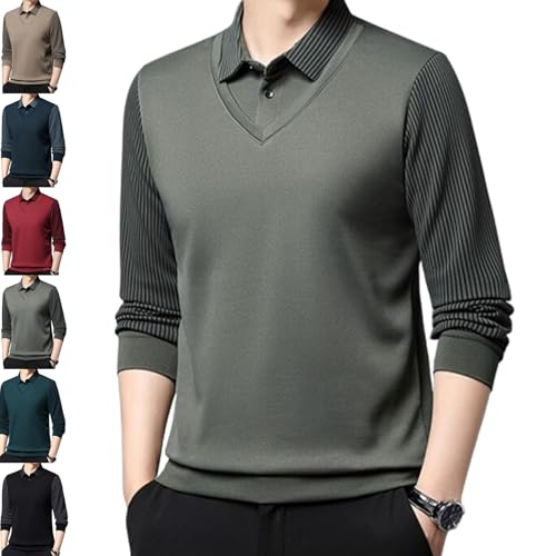 Herren Faux Zweiteiliges Revers Langarm Tops Fake Zweiteiliges Hemd Herren Langarm Faux 2-teiliges Strick-Poloshirt, Bean Green, 4XL von Generisch