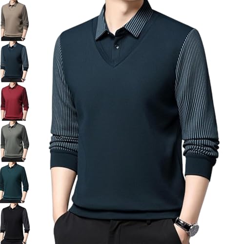 Herren Faux Zweiteiliges Revers Langarm Tops Fake Zweiteiliges Hemd Herren Langarm Faux 2-teiliges Strick-Poloshirt, cyan, XXL von Generisch