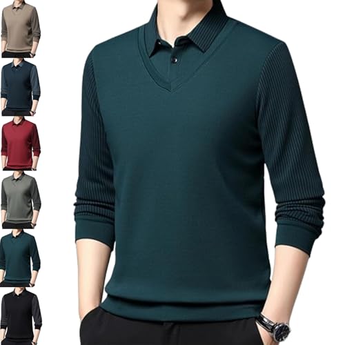 Herren Faux Zweiteiliges Revers Langarm Tops Fake Zweiteiliges Hemd Herren Langarm Faux 2-teiliges Strick-Poloshirt, dunkelgrün, XXL von Generisch
