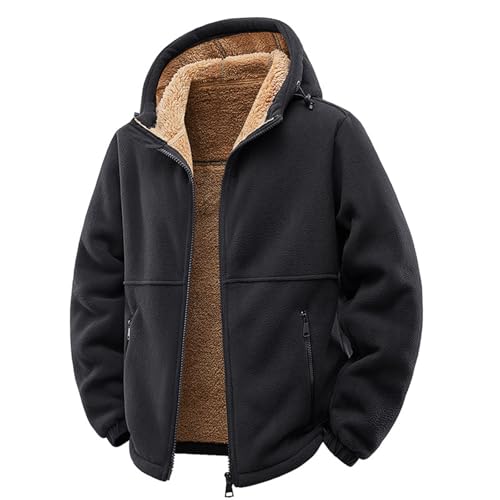 Herren Fleecejacke als Winterjacke und Kapuzenjacke in einem mit Reißverschluss Kapuze ausgestattet warmes Zip Hoodie Modell aus reiner Lammwolle gefütterter Oberteil schwarz M von Generisch