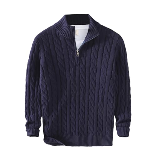 Herren Frühling Herbst und Winter Langarm Vertikal Gestreift Halb Hoher Kragen Reißverschluss Warm Top mit Pullover Strickpullover Krawatte Front Shirts für Herren, blau, 3XL von Generisch