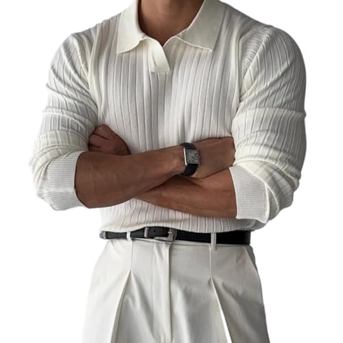 Herren Frühling Revers Gerippt Polo Shirt V-Ausschnitt Langarm Stretch Stricken Herren Solide Farbe Vielseitig Mode Lässig Top Jacke (Weiß,M) von Generisch