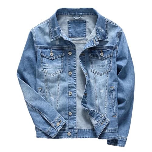 Herren Frühling und Herbst Klassische Vintage Blau Denim Jacke Stretch Baumwolle Casual Jeans Mantel, hellblau, 4XL von Generisch
