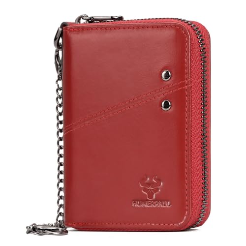 Herren Geldbörse RFID Schutz Männer Ledergeldbeutel mit Kette Herren Geldbeutel mit Münzfach Reißverschluss Portemonnaie 10Kartenfächern Portmonee (Red) von Generisch