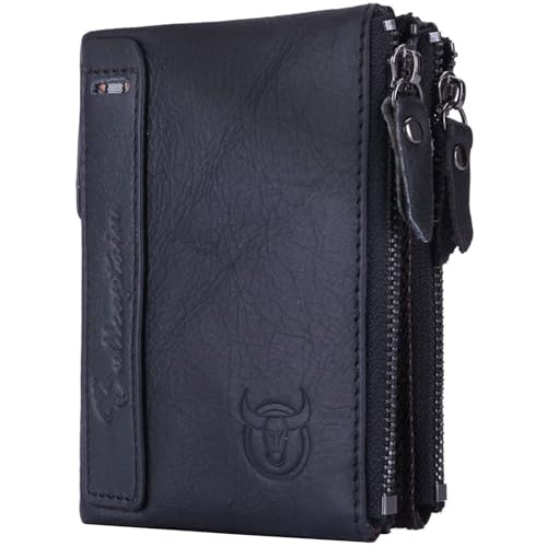 Herren Geldbörse RFID Schutz Reißverschluss Geldbörse Echtleder Geldbeutel, Männer Portmonaise Doppelte Falte Geldbeutel mit 8 Kartenfächer Kreditkarte Halter (Schwarz) von Generisch