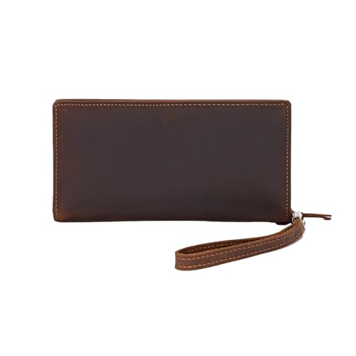 Herren-Geldbörse aus Rindsleder, Reißverschluss, schmaler Bifold Organizer mit Kartenfächern, Reisebrieftasche mit Handschlaufe, brauner Scheckbuchhalter, braun von Generisch