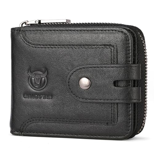 Herren Geldbörse mit Reißverschluss, RFID-blockierend Leder, Praktischer Geldbeutel, Schlanke Vintage Brieftasche,Ausweisfenster Reißverschluss Münzfach (Schwarz) von Generisch