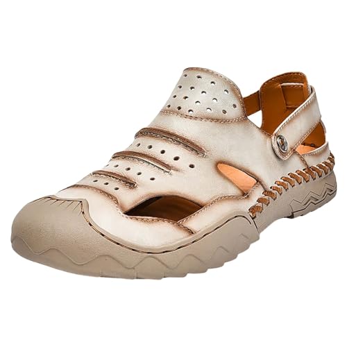 Herren Geschlossene Zehe Wandern Sandalen Outdoor Leder Fischer Schuhe Sommer Strand Sandale Slip On Pantoletten Langlebig Ledersandalen Rutschfeste Trekkingsandalen Sommer Herbst Freizeitsandalen von Generisch