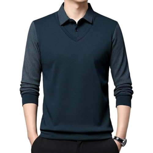 Herren Gestreiftes Revers Fake Zweiteiliges Hemd Frühling Herbst Basic Business Casual Langarm Poloshirts von Generisch