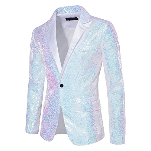 Herren Glitzer Pailletten Sakko Gold Glitzer Slim Fit Hochzeit Mantel Langarm Smokingjacke Herrenjacke Performance-Kostüm Formelle Kleidung Sakko für Herren Pailletten Sakko Smokingjacke (3-White, L) von Generisch