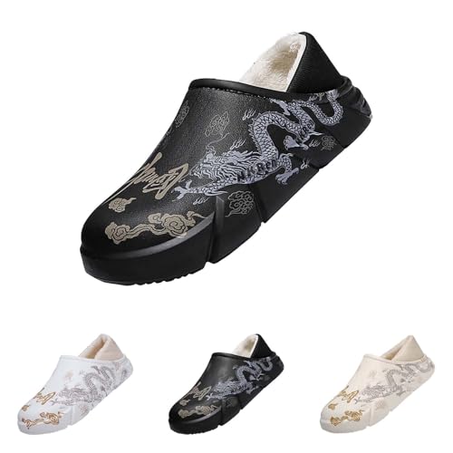 Herren-Hausschuhe, rutschfest, chinesischer Stil, Drachen-Druck, Winter, super warm, Plüsch-Samt, rutschfeste Stiefel, niedrige Thermo-Pantoletten, Schwarz , 42 1/3 EU von Generisch
